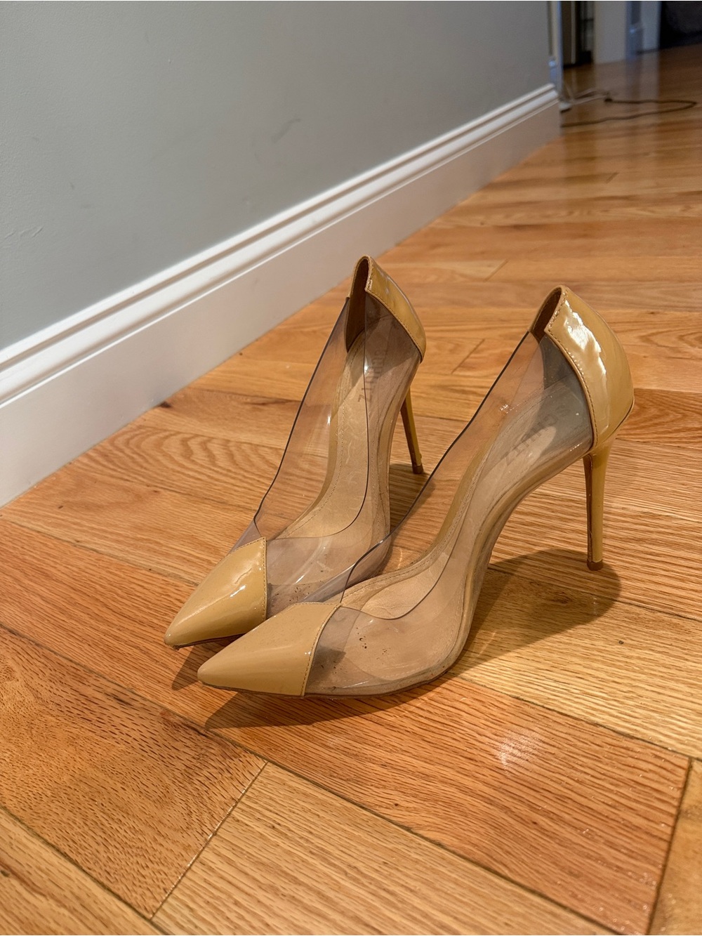 Schultz Nude Patent Pointed Toe Clear Panel Stiletto Heels